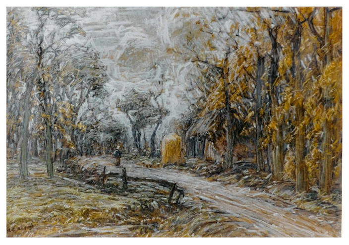 Anton dejong dutch painter: Man on path with haystack