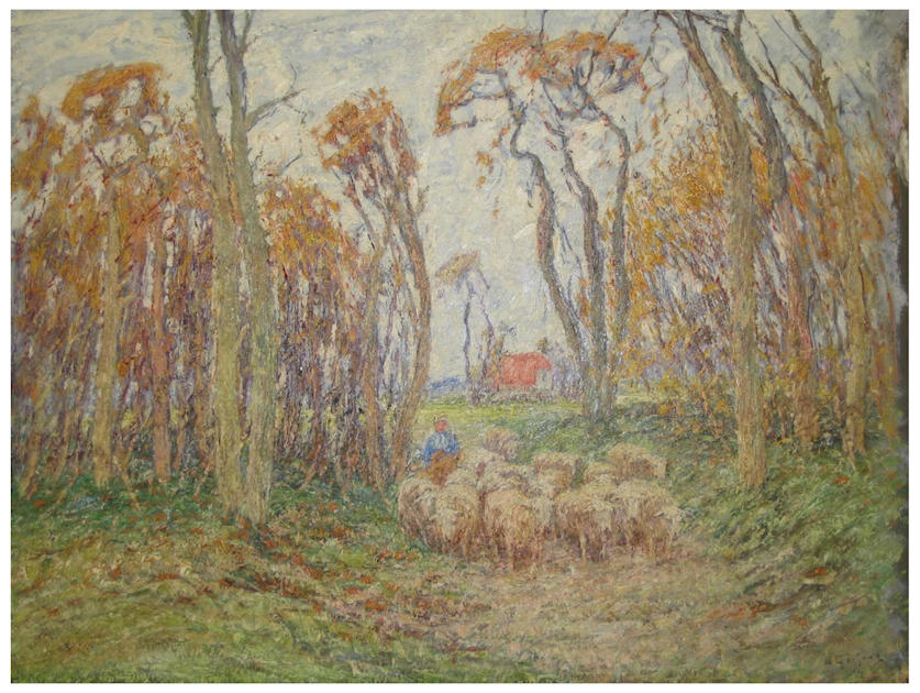 Anton dejong dutch painter: Sheep on path in woods