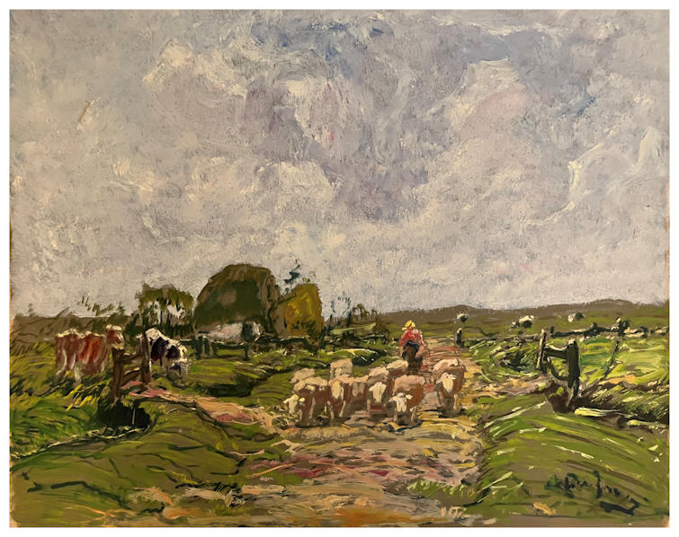 Anton dejong nederlandse schilder: Koeien en schapen in de buurt van boerderij