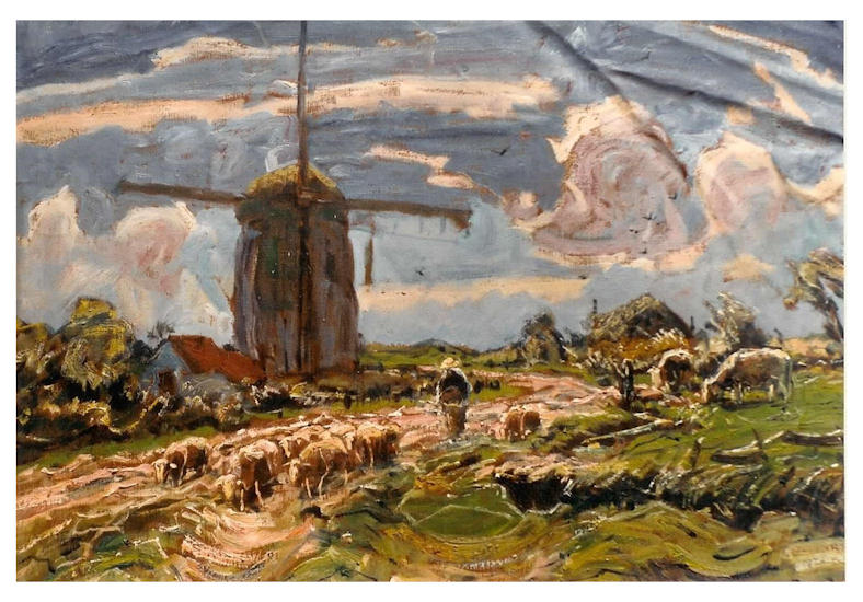 Anton dejong nederlandse schilder: Windmolen en koeien
