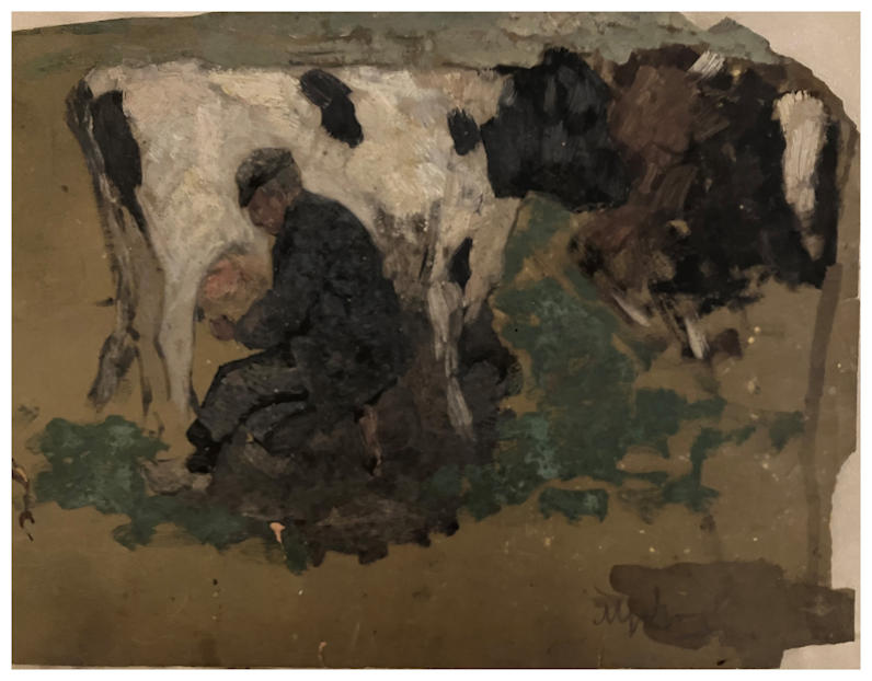 Anton dejong dutch painter: Man milking cow